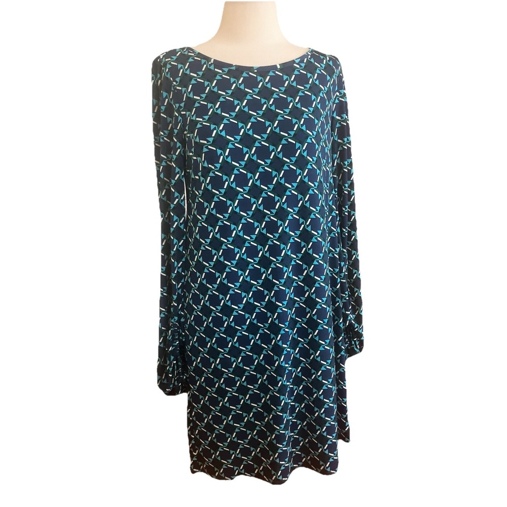 Laundry Shelli Segal Dress Blue Geometric Long Sleeve Size 6